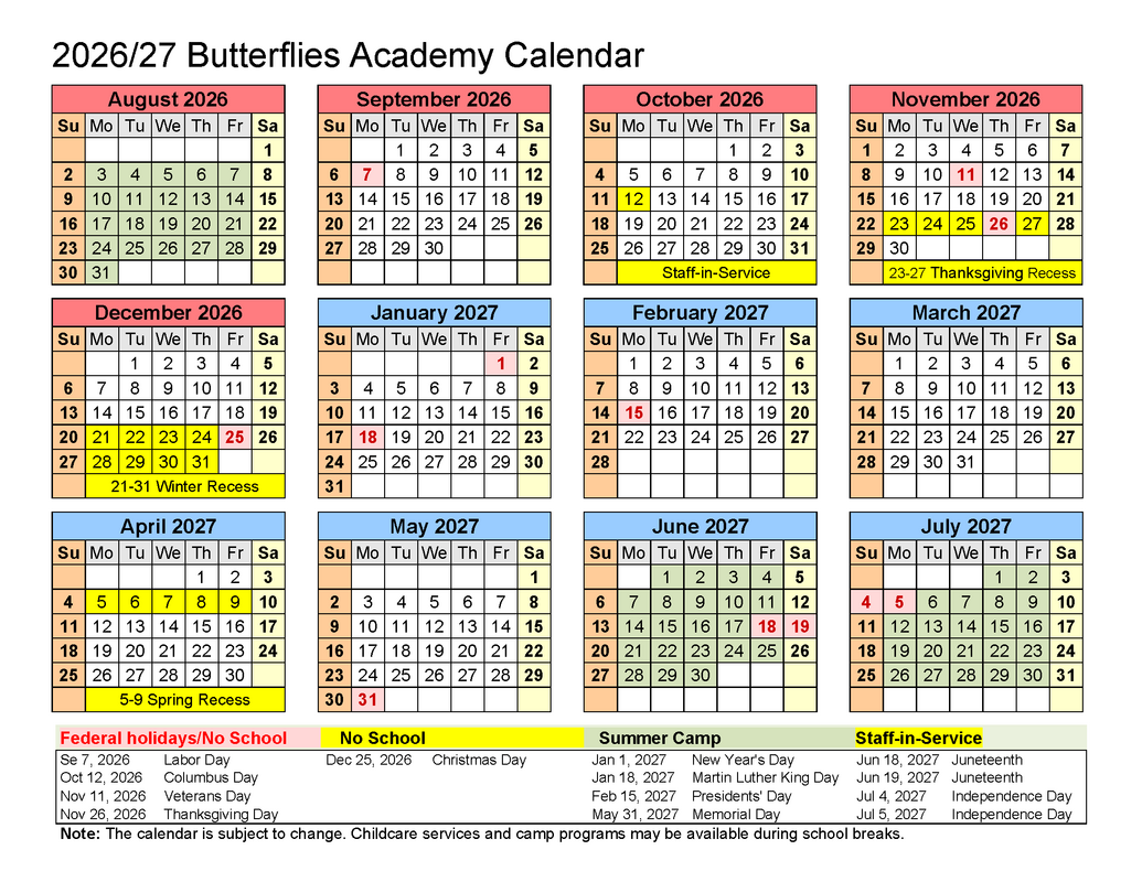 2026/27 Butterflies Academy year-at-a-glance calendar
